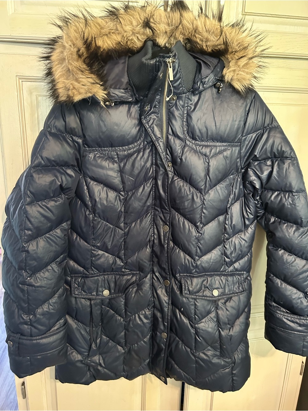 Lands End, Navy Quilted Down Parka, With Removable Faux Fur, Warm MED